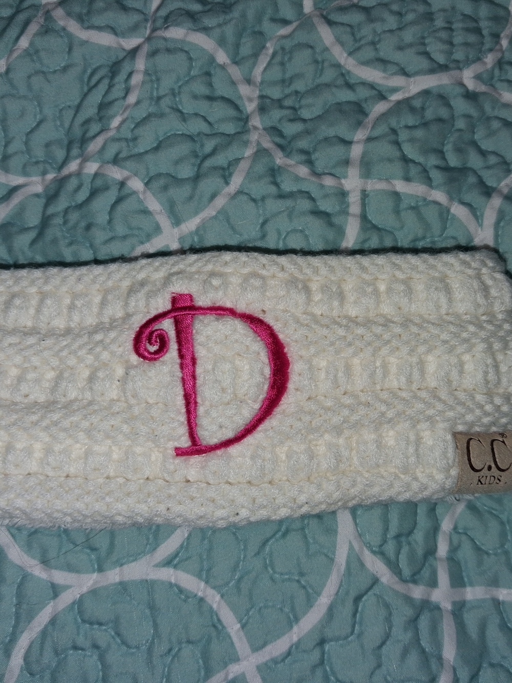C.C Kids Cream Knit Headband with Pink Monogram D